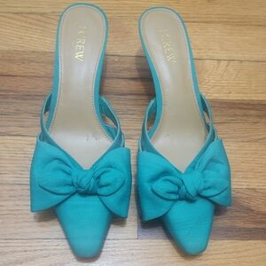 J.Crew Women’s Size 8 Teal Bow Mule Heels Kitten Heel Slip-On Sandals Chic Dress